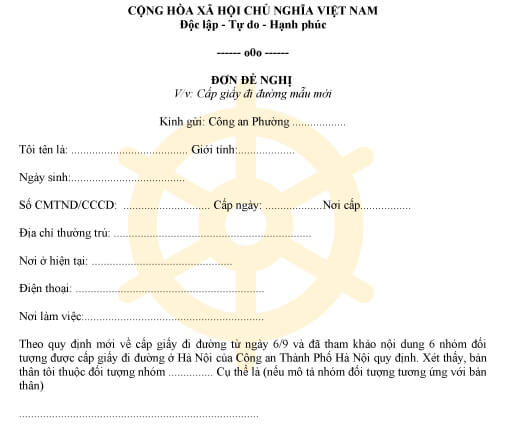 Đơn đề nghị cấp giấy đi đường mới nhất