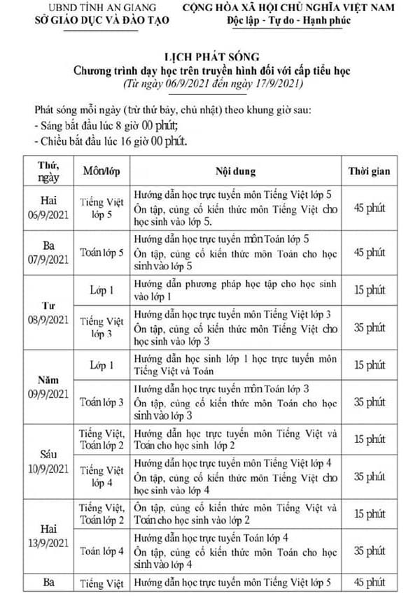 Lịch học trực tuyến lớp 2 trên truyền hình An Giang