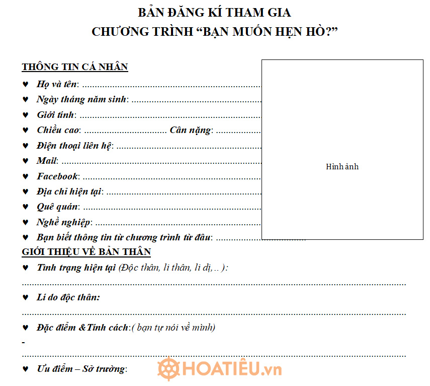 Mẫu đơn đăng ký tham gia chương trình Bạn muốn hẹn hò
