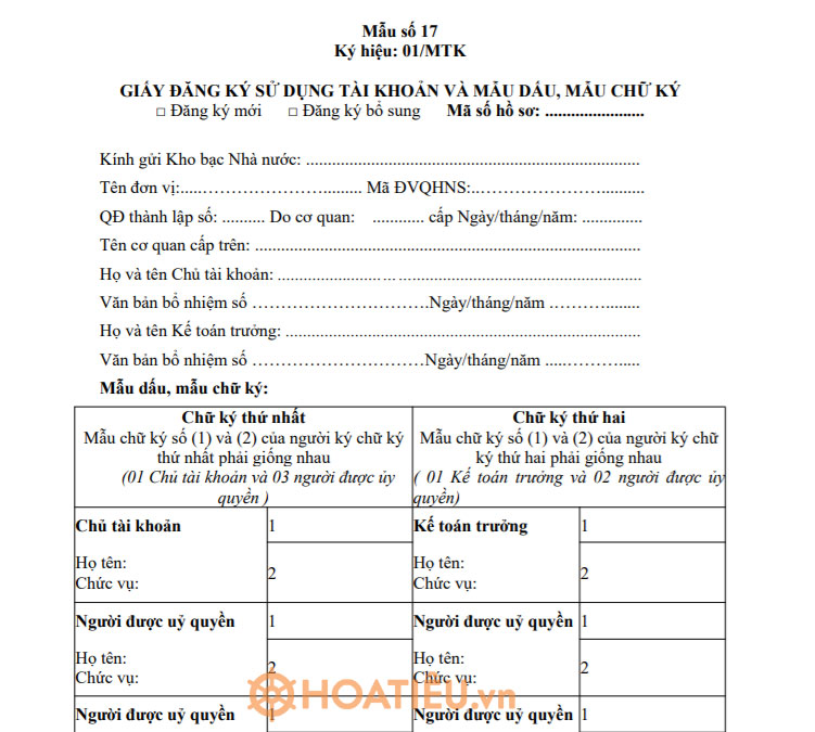 Giấy đăng ký sử dụng tài khoản và mẫu dấu, mẫu chữ ký