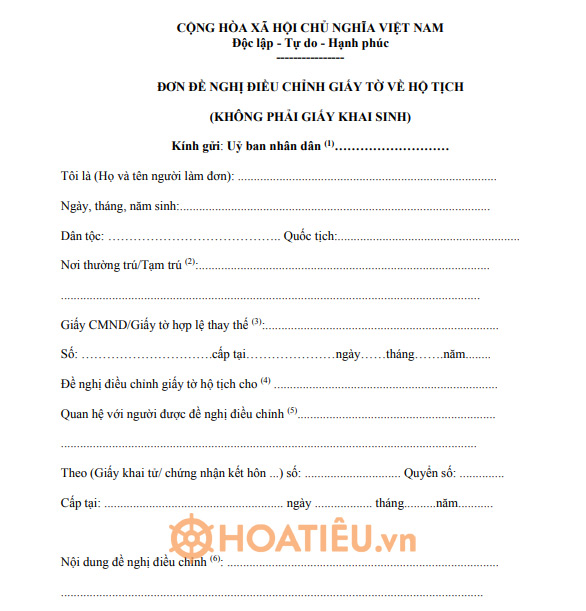 Mẫu đơn xin điều chỉnh hộ tịch 2021