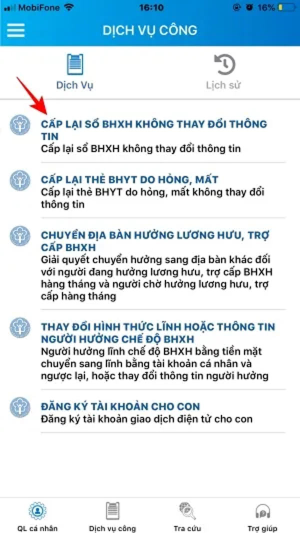 Chọn Cấp lại sổ BHXH không thay đổi thông tin. 