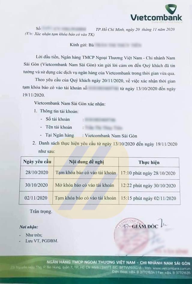 Tạm khóa báo có tài khoản ngân hàng có nhận được tiền người khác gửi?