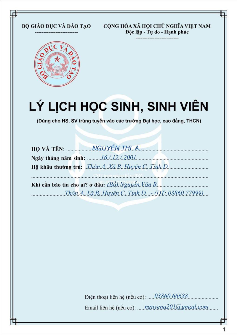 Lý lịch học sinh, sinh viên 2024