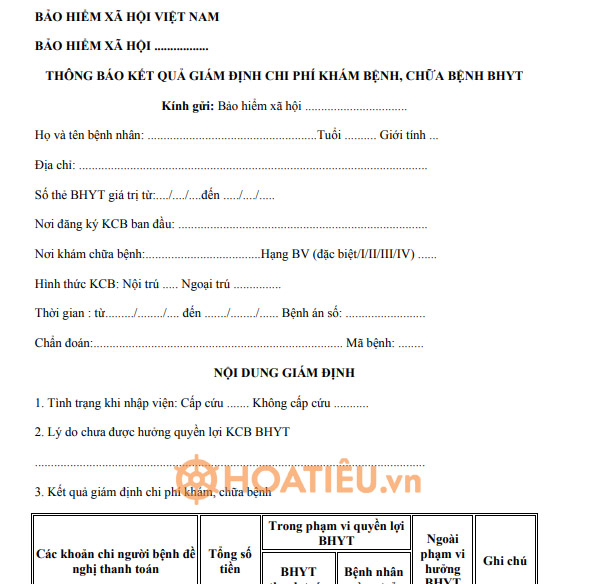 Mẫu thông báo kết quả giám định khám chữa bệnh BHYT