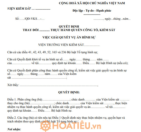 Mẫu số 68/HS: Quyết định thay đổi thực hành quyền công tố