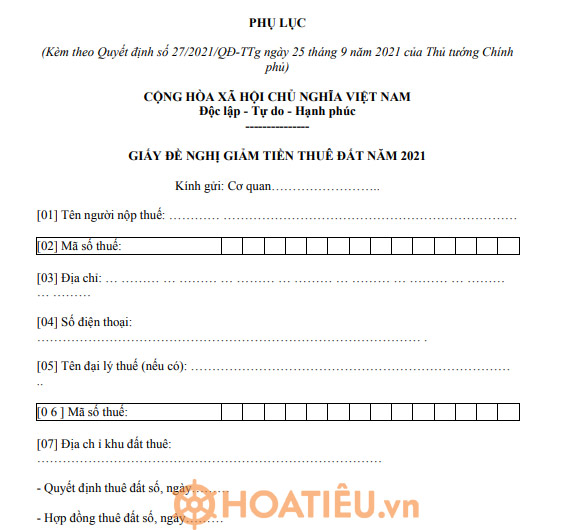 Mẫu giấy đề nghị giảm tiền thuê đất theo Quyết định 27 2021