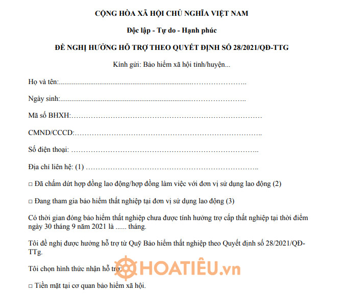 Đơn đề nghị nhận hỗ trợ của người lao động đã nghỉ việc theo Nghị quyết 116
