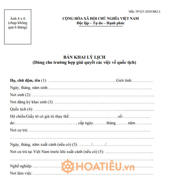 Mẫu bản khai lý lịch xin thôi quốc tịch