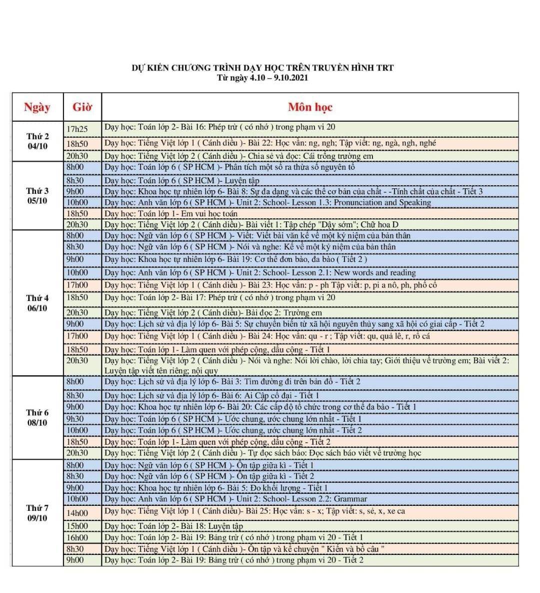Lịch học trực tuyến lớp 2 trên truyền hình TRT