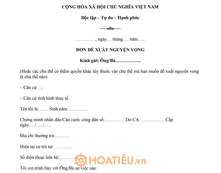 Mẫu đơn đề xuất nguyện vọng