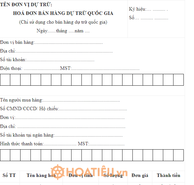 Hóa đơn bán hàng dự trữ quốc gia theo Thông tư 78