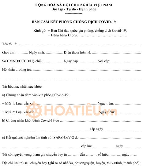 Bản cam kết phòng chống dịch Covid khi đi máy bay