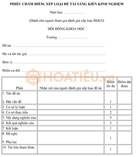 Mẫu phiếu chấm điểm, xếp loại sáng kiến kinh nghiệm