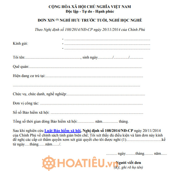 Đơn xin nghỉ hưu trước tuổi, nghỉ học nghề