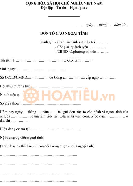 Mẫu đơn tố cáo ngoại tình