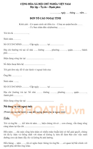 Mẫu đơn tố cáo ngoại tình