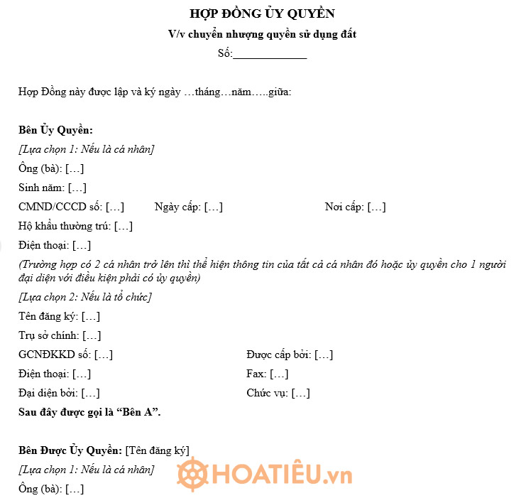 Mẫu hợp đồng ủy quyền chuyển nhượng quyền sử dụng đất