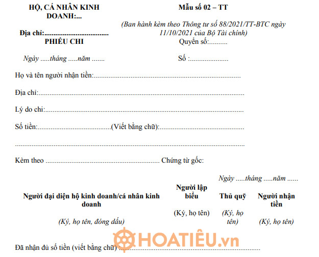 Mẫu phiếu chi 02 - TT 2021 theo Thông tư 88 