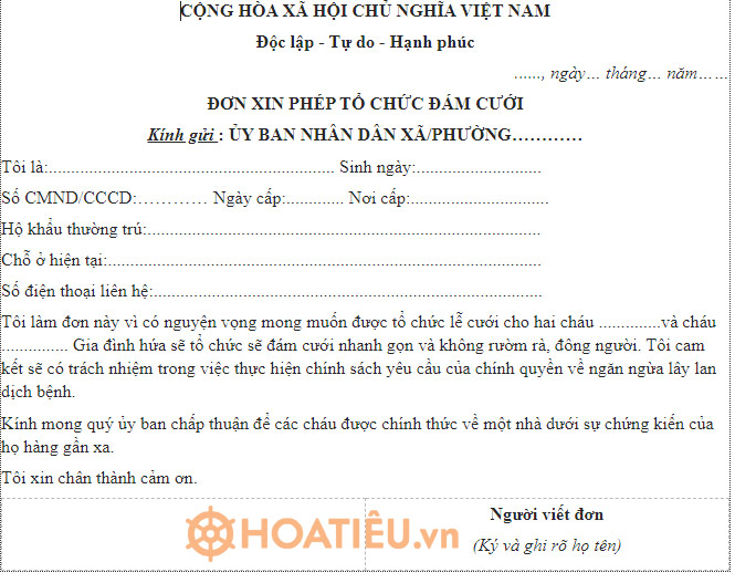 Mẫu đơn xin tổ chức đám cưới