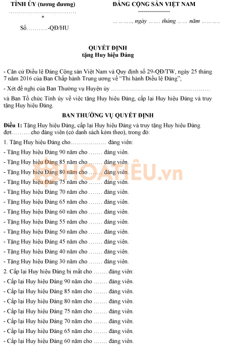 Quyết định tặng huy hiệu Đảng