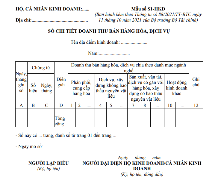 Mẫu S1-HKD: Sổ chi tiết doanh thu bán hàng hóa, dịch vụ