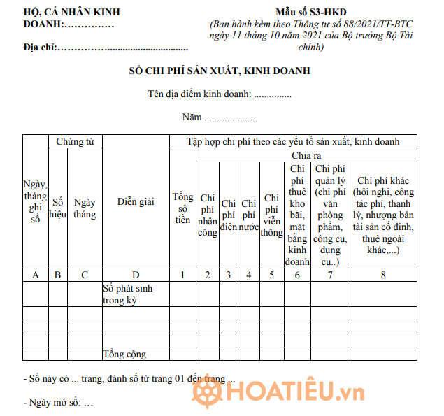 Mẫu số S3-HKD: Sổ chi phí sản xuất, kinh doanh