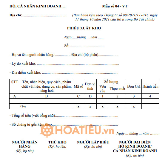 Mẫu phiếu xuất kho 04 - VT 2021