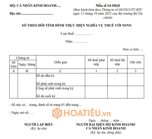 Mẫu S4-HKD: Sổ theo dõi tình hình thực hiện nghĩa vụ với NSNN