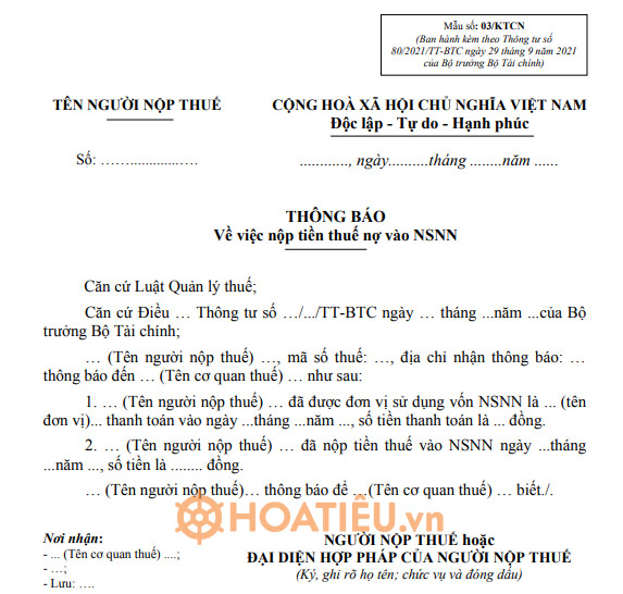 Mẫu 03/KTCN: Thông báo việc nộp tiền thuế nợ vào NSNN