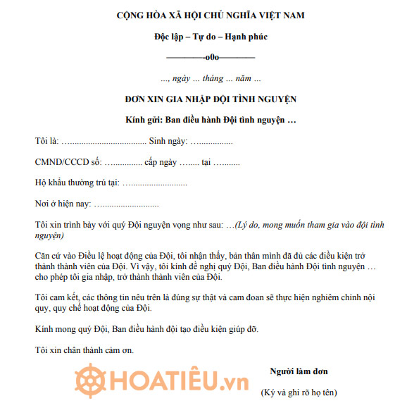 Mẫu đơn xin gia nhập đội tình nguyện