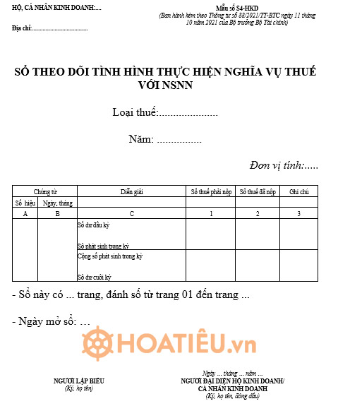 Mẫu số S4-DNSN: Sổ theo dõi tình hình thực hiện nghĩa vụ với NSNN