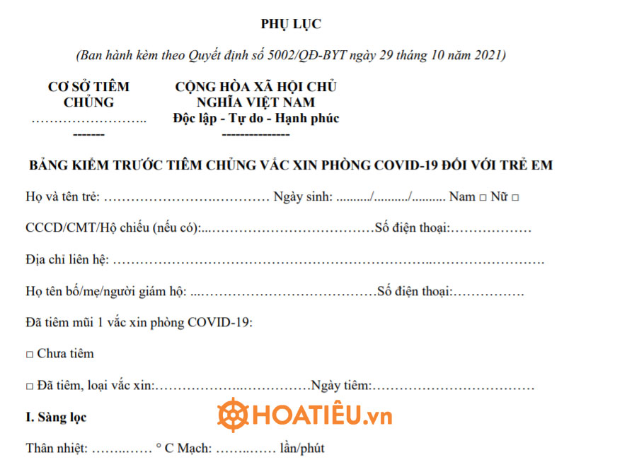 Mẫu Bảng kiểm trước tiêm vắc xin COVID-19 cho trẻ em