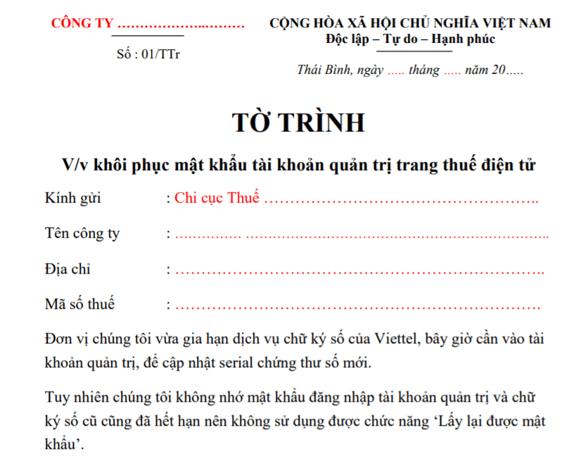 Công văn xin cấp lại mật khẩu trang thuế
