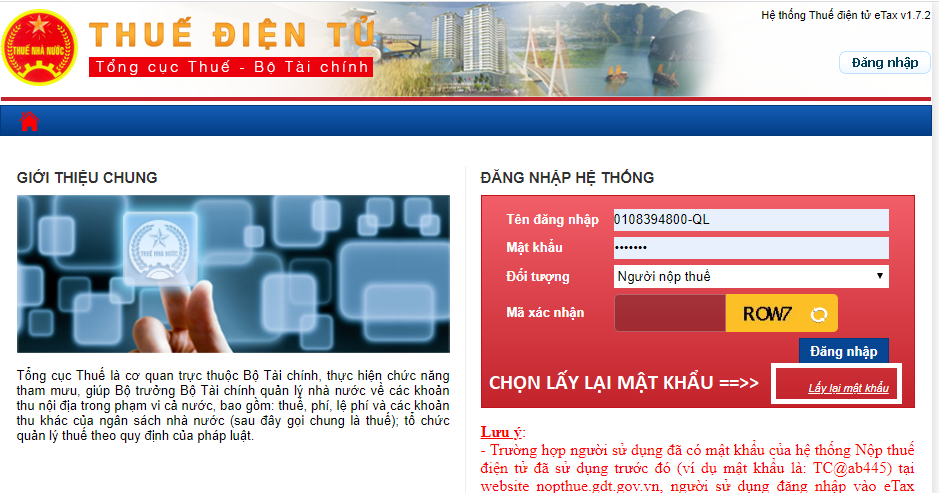 Hướng dẫn lấy lại mật khẩu trang thuế điện tử