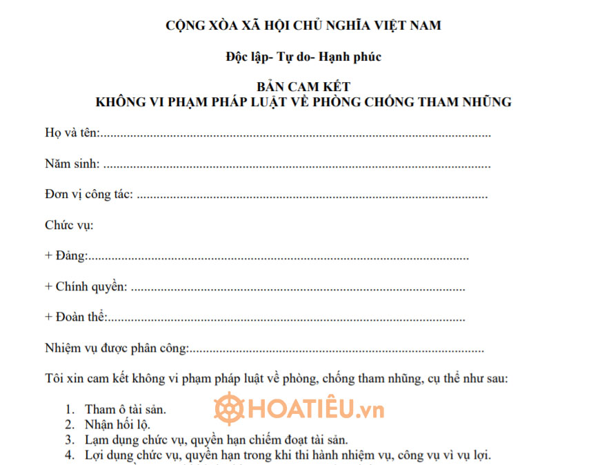 Bản cam kết không vi phạm pháp luật về phòng chống tham nhũng