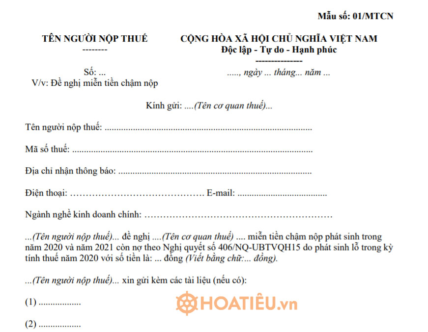 Mẫu 01/MTCN: Công văn về việc đề nghị miễn tiền chậm nộp