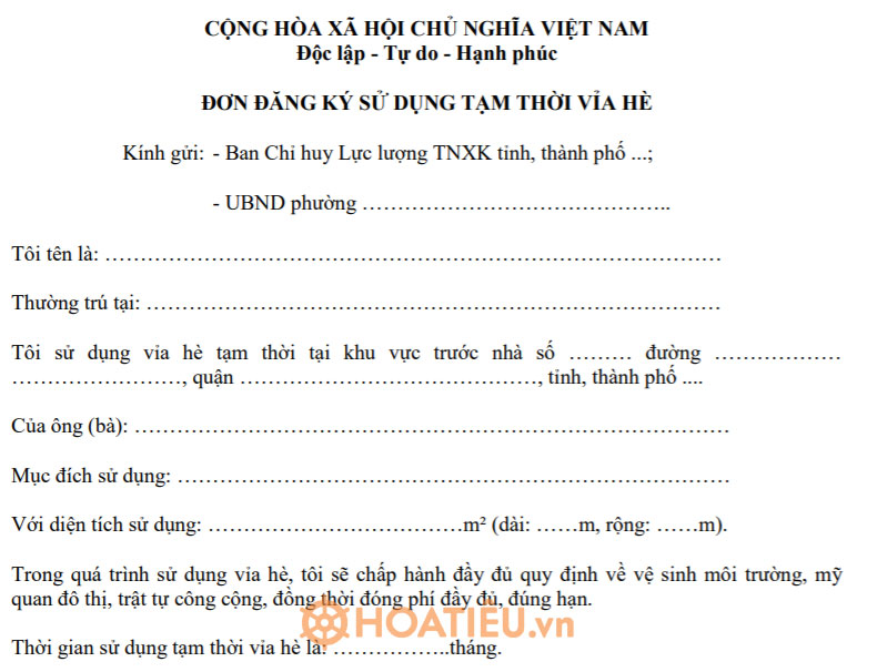 Đơn đăng ký sử dụng tạm thời vỉa hè