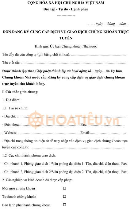 Mẫu đơn đăng ký cung cấp dịch vụ giao dịch chứng khoán trực tuyến