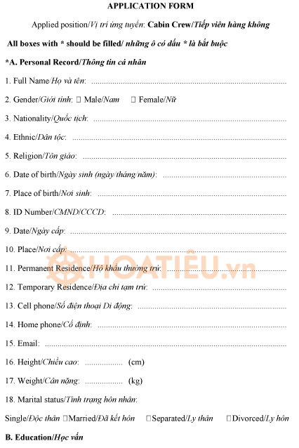 Mẫu đơn đăng ký dự tuyến tiếp viên hàng không của Jetstar Pacifc