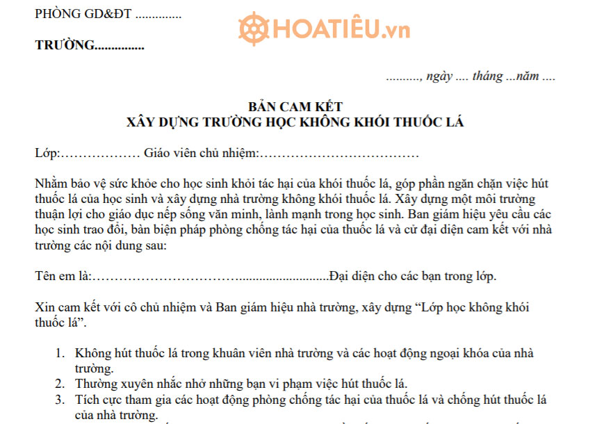 Bản cam kết xây dựng trường học không khói thuốc lá