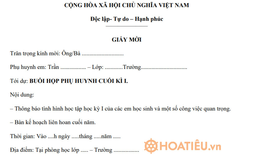 Mẫu giấy mời họp phụ huynh cuối học kì I