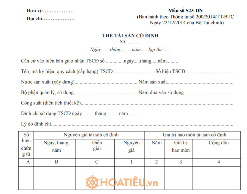 Mẫu số S23-DN: Thẻ tài sản cố định