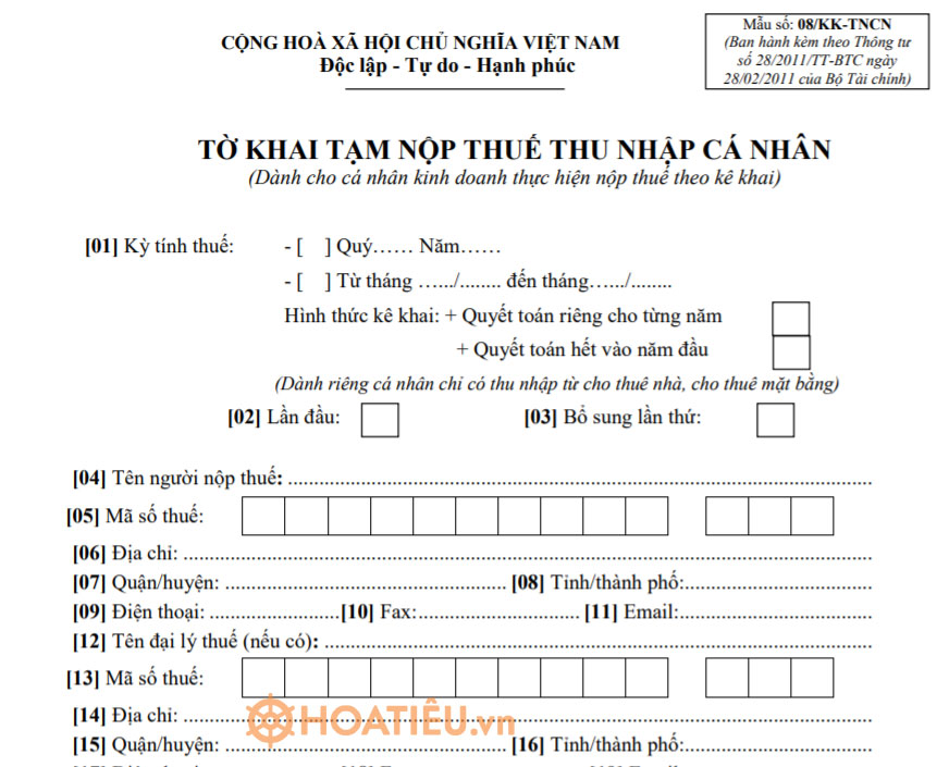 Mẫu số 08/KK-TNCN: Tờ khai tạm nộp thuế TNCN