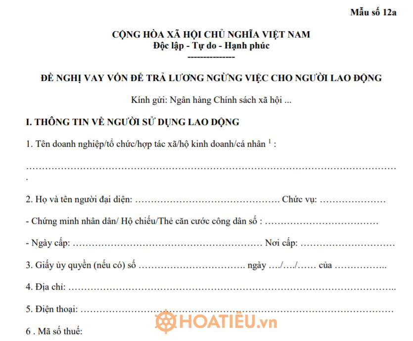 Mẫu 12a: Đề nghị vay vốn để trả lương ngừng việc cho người lao động