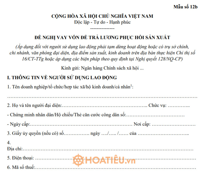 Mẫu số 12b: Đề nghị vay vốn trả lương phục hồi sản xuất