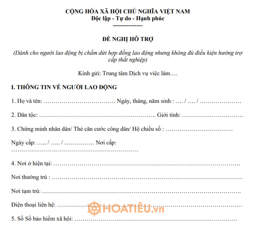Mẫu 07: Đề nghị hỗ trợ của người lao động chấm dứt hợp đồng lao động không đủ điều kiện hưởng trợ cấp thất nghiệp