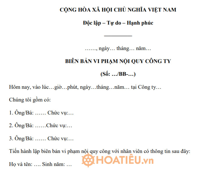 Mẫu biên bản vi phạm nội quy công ty