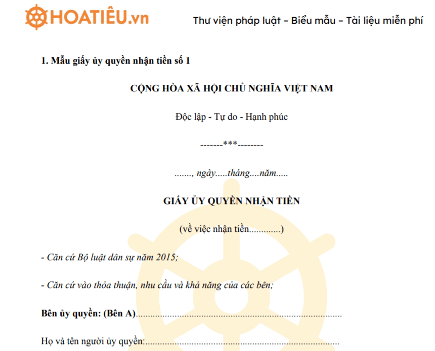 Giấy ủy quyền nhận tiền 2021 mới nhất