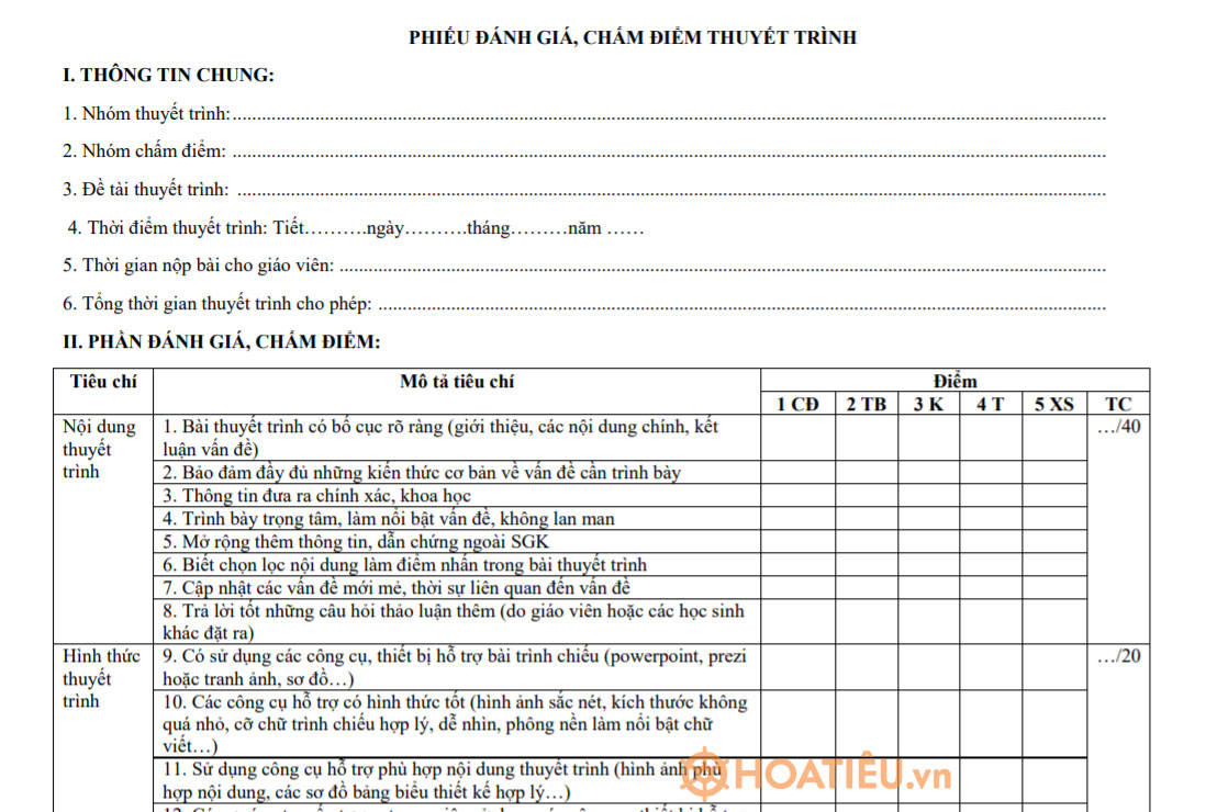 Mẫu phiếu đánh giá, chấm điểm thuyết trình